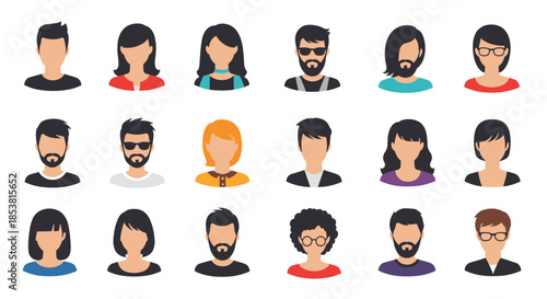 A large set of flat design avatars featuring diverse men and women with various modern and hipster hairstyles beards and glasses.