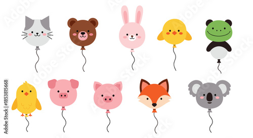 A cute collection of ten colorful balloons shaped like animal heads including a cat bear bunny chick panda pig fox and koala.