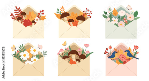 A charming set of six open envelopes filled with beautiful arrangements of autumn leaves mushrooms spring flowers and birds.