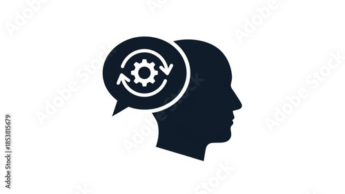 Conceptual icon of a human head with a thought bubble containing gears and a refresh symbol, representing dynamic thought, continuous improvement, and strategic problem-solving
