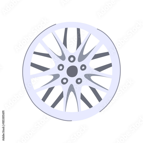 Car alloy wheel with multiple radial spokes rotating, representing vehicle maintenance, automotive styling, and modern transportation technology concepts on a white background