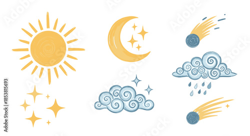 A whimsical set of weather and celestial doodles including a sun moon stars clouds and comets drawn in a cute crayon texture style.