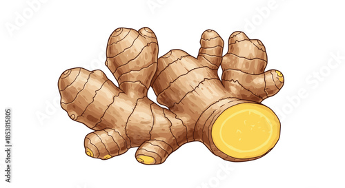 A realistic and detailed illustration of a fresh ginger root with a piece cut off to show its yellow interior on a white background.