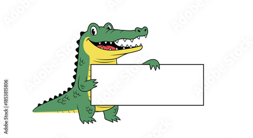 A cheerful cartoon crocodile standing and holding a blank white sign with space for your text in a fun and friendly illustration.