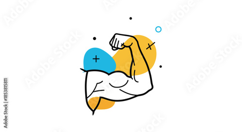 A minimalist line art icon of a flexing bicep showing strength and power with abstract colorful shapes in the background for emphasis.