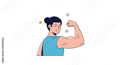 An illustration of a strong and confident woman with her hair in a bun flexing her bicep muscle to show her power and fitness.