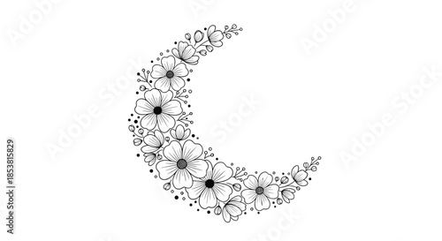 An elegant and beautiful crescent moon shape created from delicate hand-drawn black and white flowers in a lovely floral arrangement.