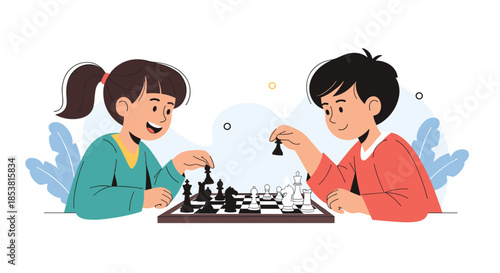A boy and a girl sitting at a table and smiling happily while playing a competitive game of chess together in a flat illustration.