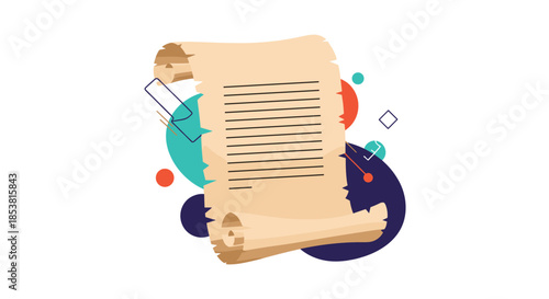 A flat design icon of an old parchment scroll with lines of text against a background of modern abstract colorful shapes.