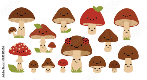 Charming collection of cute kawaii mushroom characters with smiling faces in various fun designs isolated on a white background.