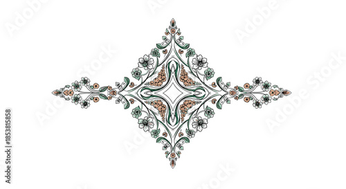 An elegant and intricate symmetrical floral pattern in a diamond shape with vintage-style flowers and vines in muted colors.