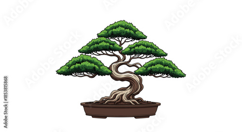 A beautifully detailed illustration of a traditional Japanese bonsai tree with a twisted trunk and green leaves in a ceramic pot.