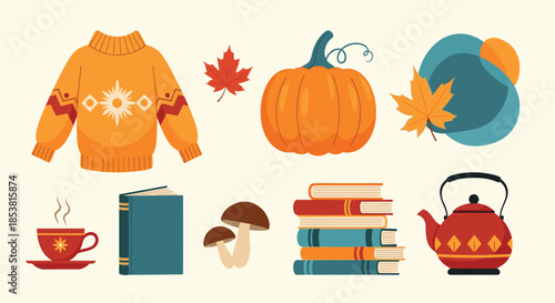 Cozy collection of autumn and fall season elements including a sweater pumpkin books and hot tea isolated on a light background.