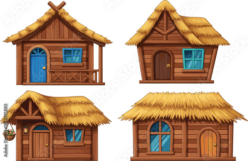 Set of Rustic Wooden Tropical Hut Houses with Thatch Roofs and Blue Windows for Jungle Village and Island Resort Vacation Design