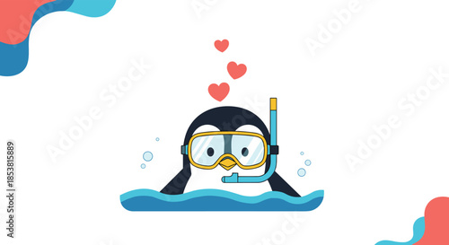 Adorable cartoon penguin wearing a snorkel and mask swimming in the blue water with love hearts floating above its happy head.