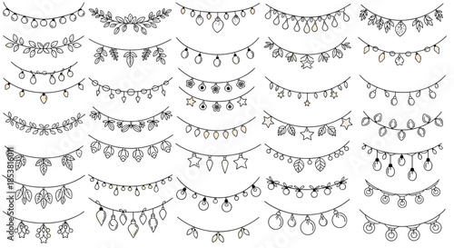 Large collection of hand-drawn doodle-style hanging party garlands and string lights for festive decoration on a white background.