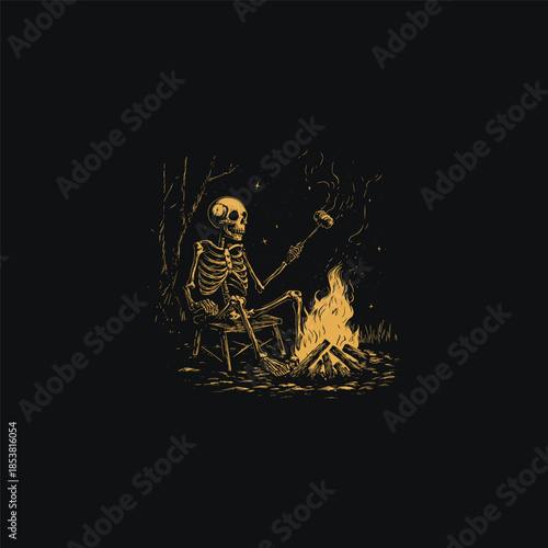 Vintage hand-drawn illustration of a skeleton sitting on a stool by a warm campfire at night, roasting a marshmallow on a stick under a starry sky.