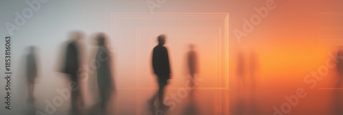 Blurry silhouettes walking inside volumetric light tunnel with glowing grids and augmented geometry