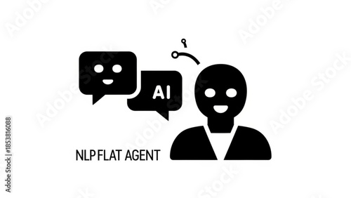 Flat vector illustration of an artificial intelligence agent with communication thought bubbles, representing natural language processing and digital interaction