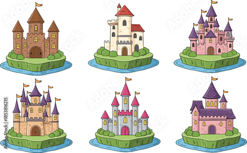 Set of six cartoon fantasy fairy tale castles on small green islands with water isolated on white background for games.