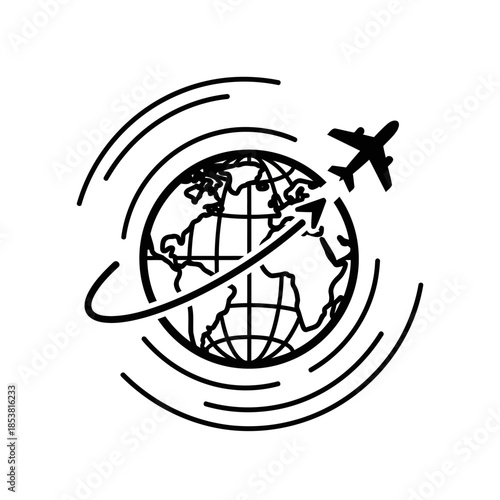 Stylized black and white illustration of an airplane flying around a globe with swirling motion lines suggesting travel and global connectivity