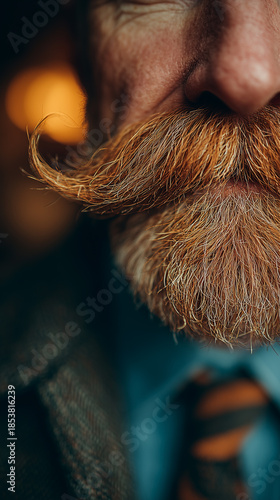 Extreme macro portrait of a man with ginger mustache, detailed skin texture and warm cinematic lighting.

