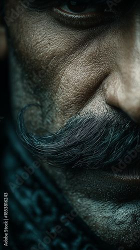 Extreme close-up portrait of a man with mustache, detailed skin texture and dramatic cinematic lighting mood.
