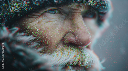 Macro portrait of an adult man with frosted gray mustache, winter clothing, cold atmosphere and dramatic cinematic mood.

