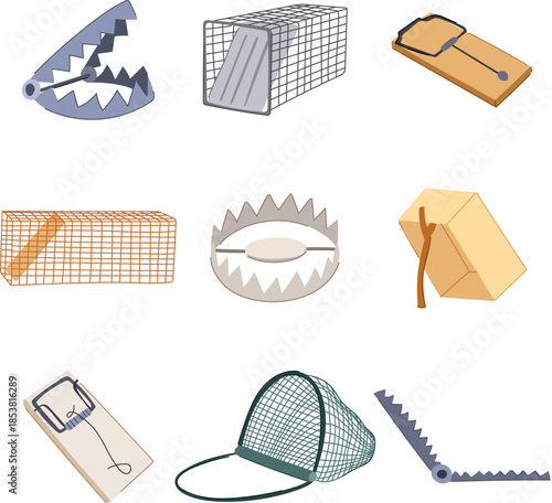 Various hunting and capture devices including classic mousetraps, live cage traps, and jaw traps, presenting concepts of danger, capture, and wildlife control