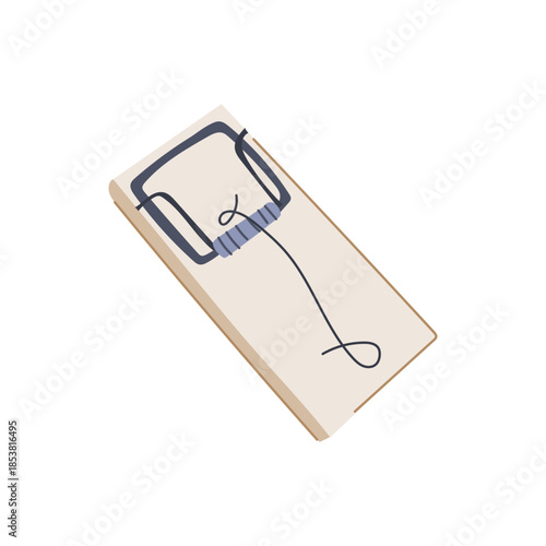 Mousetrap device with metal spring and bar, set and ready to spring, illustrating themes of danger, risk, problem, solution, control, and imminent capture