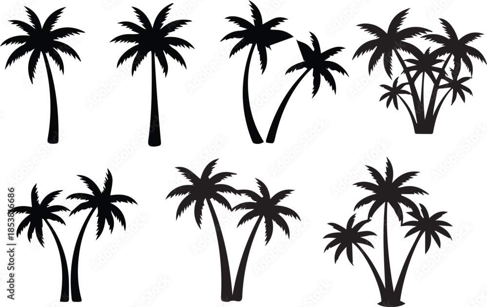 Fototapeta premium Palm Tree Silhouette Vector Set – Tropical Coconut Tree Icons Collection