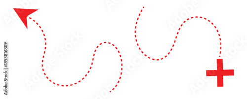 Dotted broken arrows. Directional marks for creative travel map illustrations. Hand drawn wavy dashed direction path, abstract looped arrow curve isolated. 