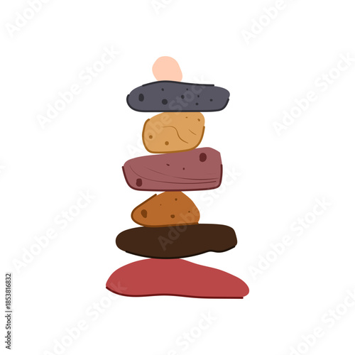 Colorful stones stacked into a balanced cairn, symbolizing zen, mindfulness, stability and peaceful focus for meditation, wellness, growth and personal equilibrium