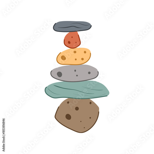 Several smooth, colorful stones are carefully stacked in a cairn, symbolizing balance, relaxation, meditation, and well being on a clean white background