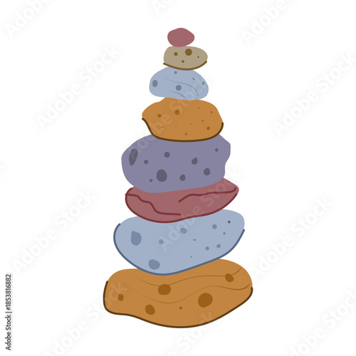 Stacked colorful irregular stones form a balancing cairn, symbolizing mindfulness, meditation, patience, precision, calm, and the delicate challenge of finding stable equilibrium