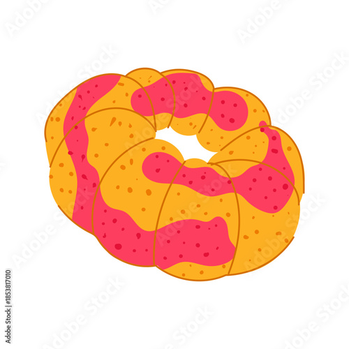 Colorful bath bomb with vibrant pink swirls on textured yellow surface, evoking spa like relaxation, self care, fragrant fizzing and indulgent, skin softening bathing ritual