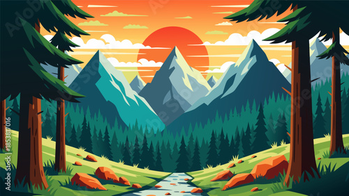 Serene Mountain Landscape at Sunset with Pine Trees and a Winding River