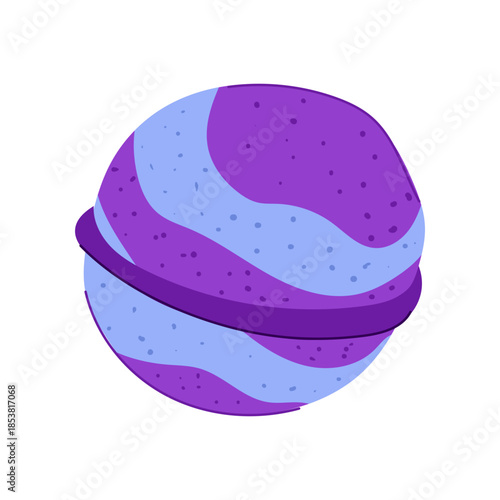 Cartoon bath bomb featuring purple and light blue stripes with a ring around its middle, depicting a fizzing sphere releasing essential oils for soothing and pampering a home spa experience