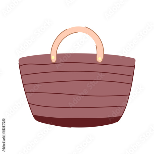 Illustrated brown colored straw beach bag or tote bag, featuring a striped texture and light wooden handles, representing summer holidays, shopping, and leisurely travel