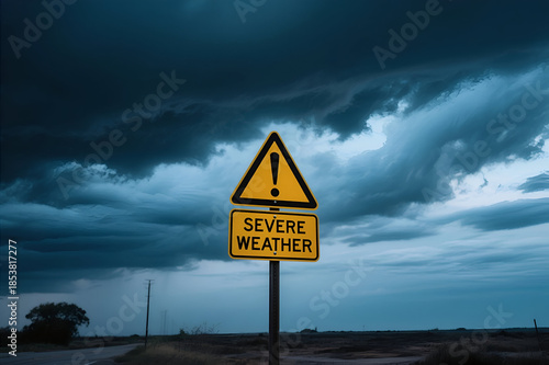 Warning sign for severe weather against a dramatic sky with dark clouds. Ideal for concepts related to storms, safety, caution, and environmental issues.