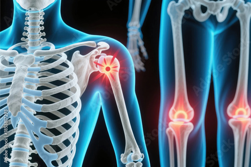 Anatomical illustration of a human skeleton highlighting joint areas with red indicators, showcasing bones, muscle structure, and anatomical clarity.