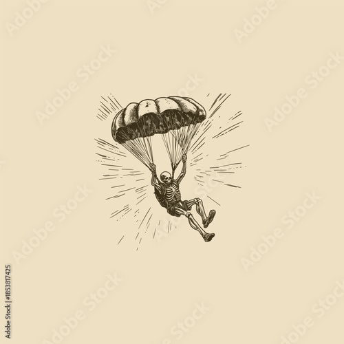 Vintage hand-drawn illustration of a skeleton skydiving through the air with an open parachute