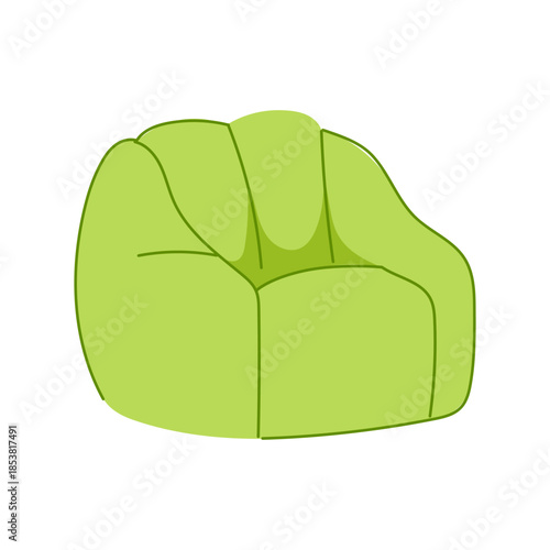Green bean bag chair on white background, casual comfortable seating for modern interiors, cozy lounge accent for living rooms, kids rooms, or relaxed contemporary decor
