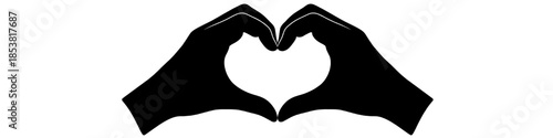 Black silhouette of two human hands forming a heart shape symbol isolated on white background representing love care connection and emotion.