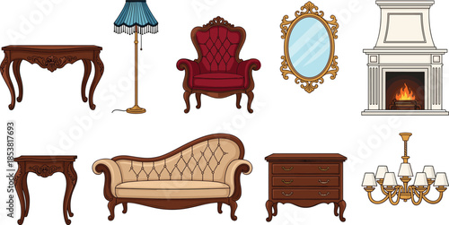 Set of Vintage Classic Furniture and Home Decor Elements Including Victorian Sofa Armchair Fireplace Chandelier Mirror and Elegant Wooden Tables Vector