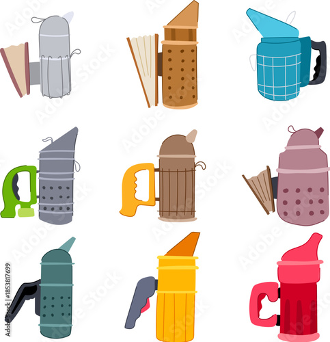 Beekeeping hive smoker tools collection illustrating essential equipment for beekeepers managing honey bees, offering a variety of designs for apiary work and honey production