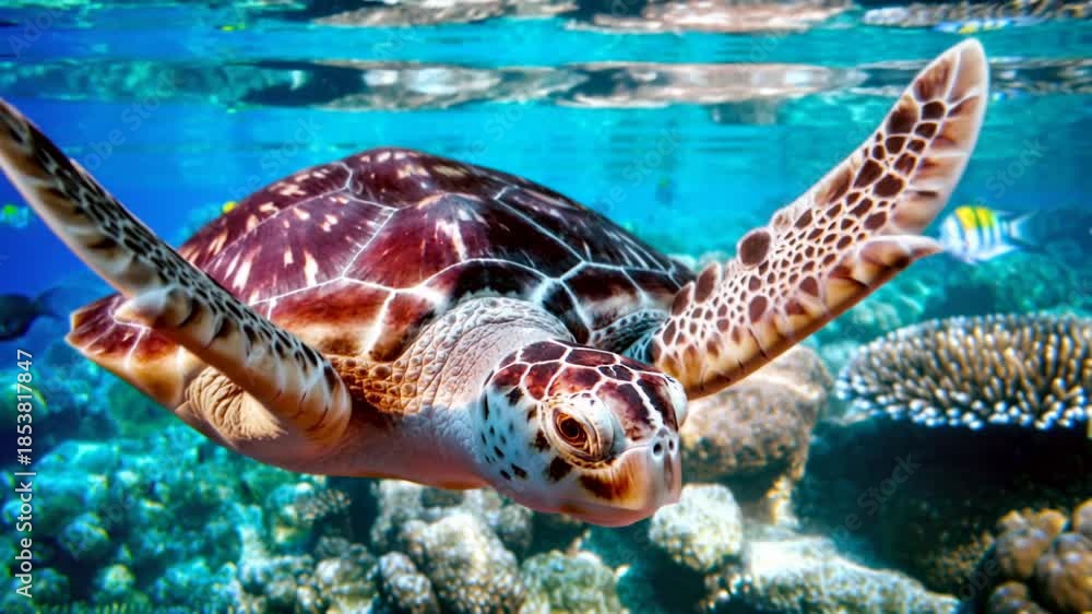 custom made wallpaper toronto digitalSea turtle swims under water on the background of coral reefs. The video is generated from my real photo.