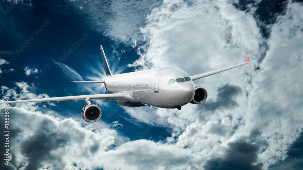 custom made wallpaper toronto digitalCommercial passenger airplane flying above clouds in clear blue sky, symbol of global travel, business, modern transportation, and aviation industry. The video is generated from my real photo.