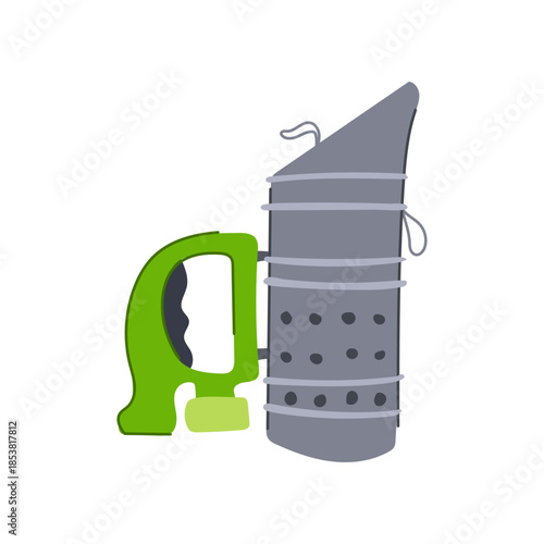 Beekeeper's smoker device, an essential tool for calming and managing bees during hive inspections and honey extraction, displaying its metal body and green hand bellows
