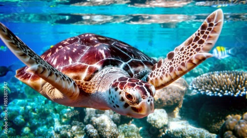 Sea turtle swims under water on the background of coral reefs. The video is generated from my real photo.
